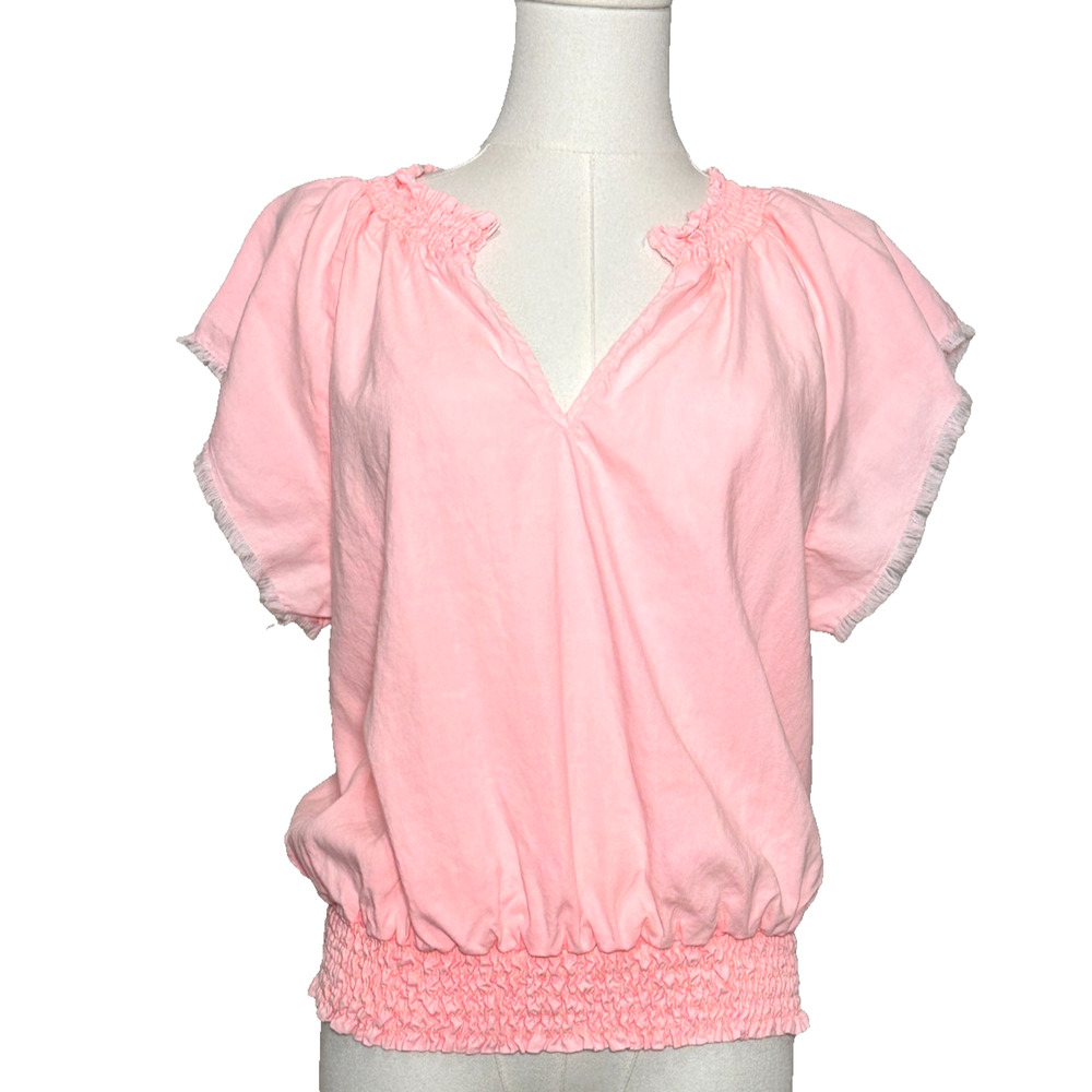 Cloth Stone Pink Sun Washed Raw Edge Short Sleeve Smocked V Neck Top Medium